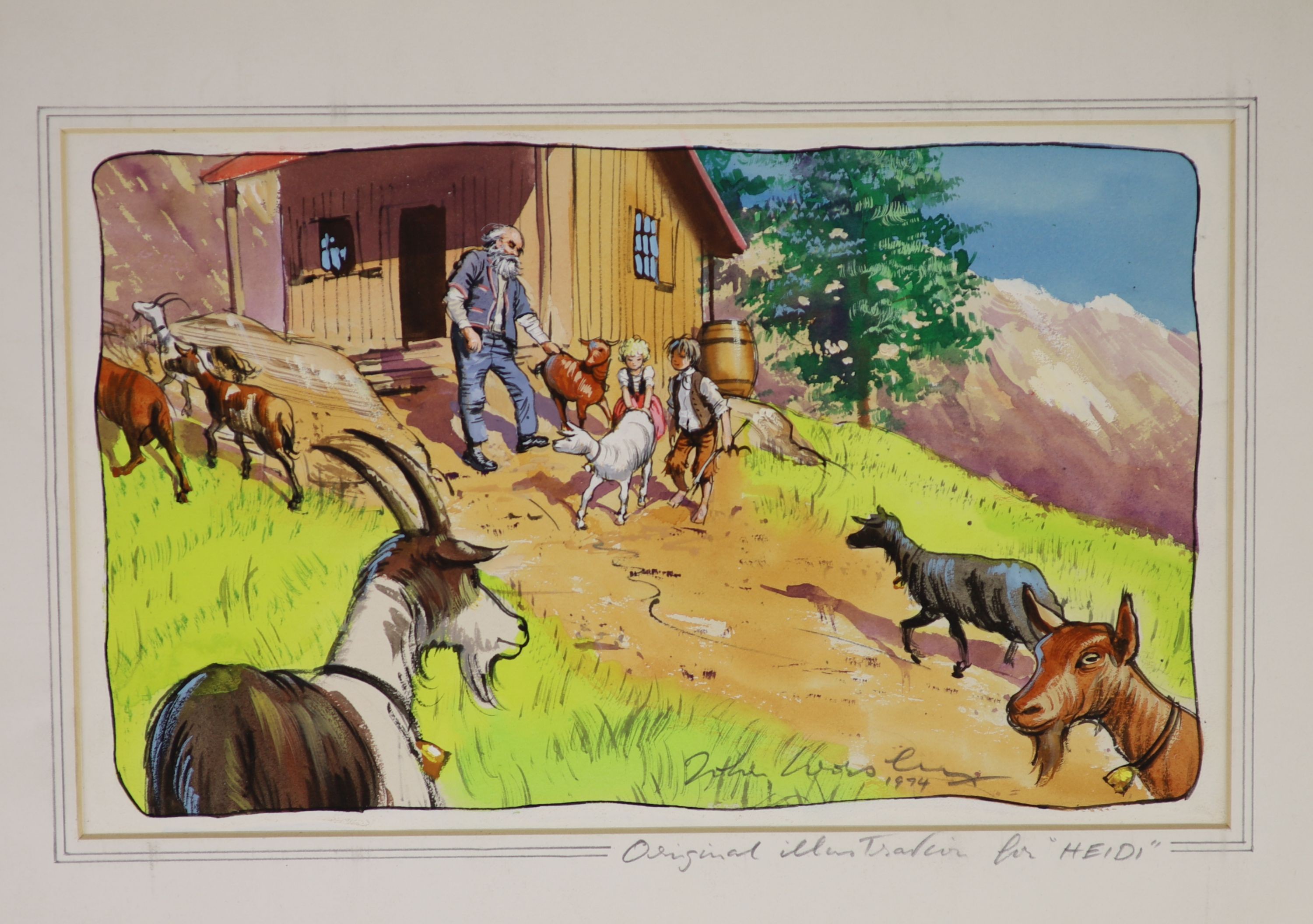 John Worsley (1919-2000) - A collection of 17 original book illustrations, in gouache and watercolour, for Heidi, each signed and dated, the largest (front and rear cover illustration), 54 x 76cms., together with a copy